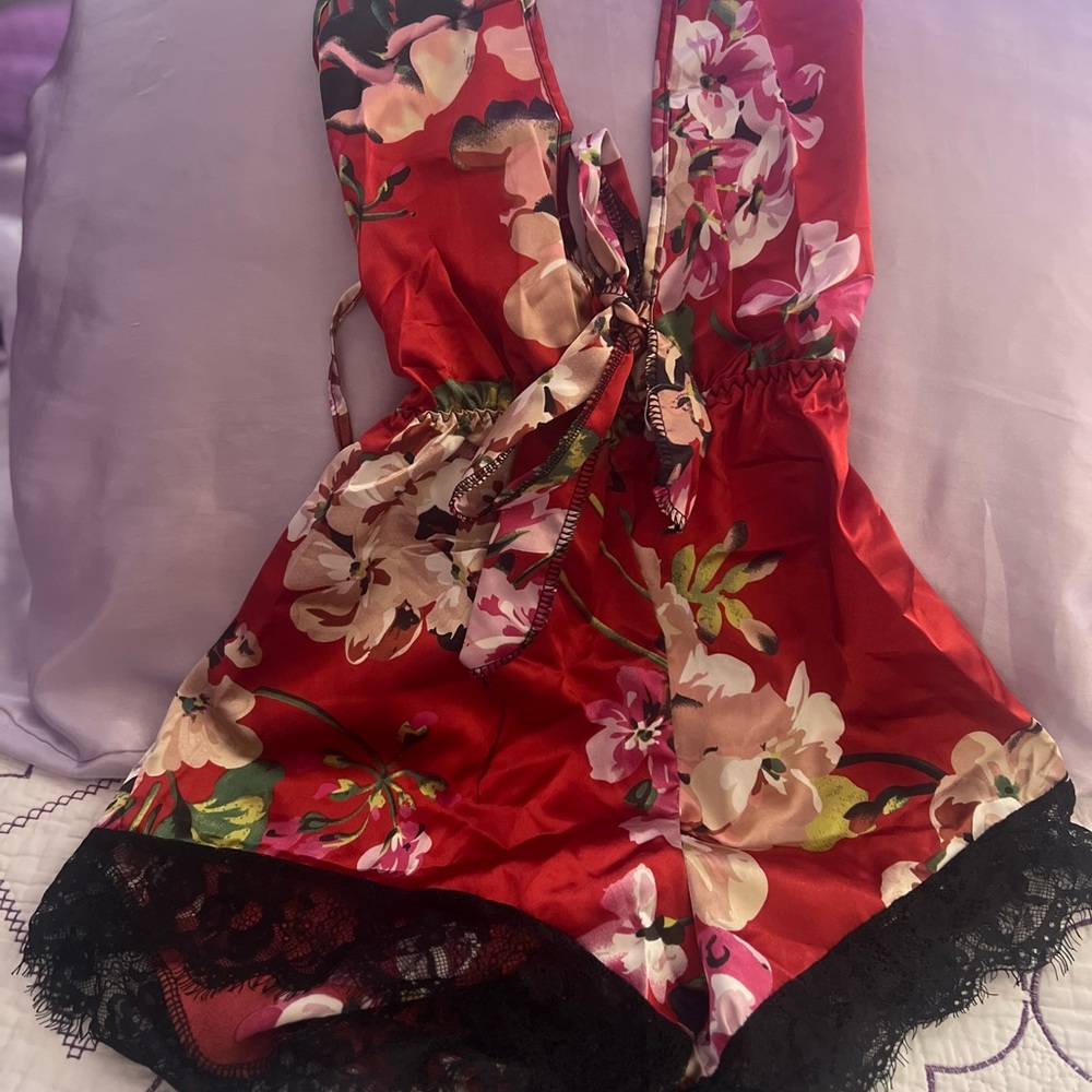 Floral Satin Romper with Lace Trim